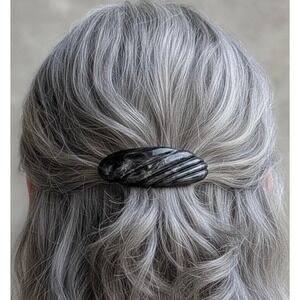 Black Silver Marbled Oval Mauritius Hair Barrette Clip Textured Ribbed Design
